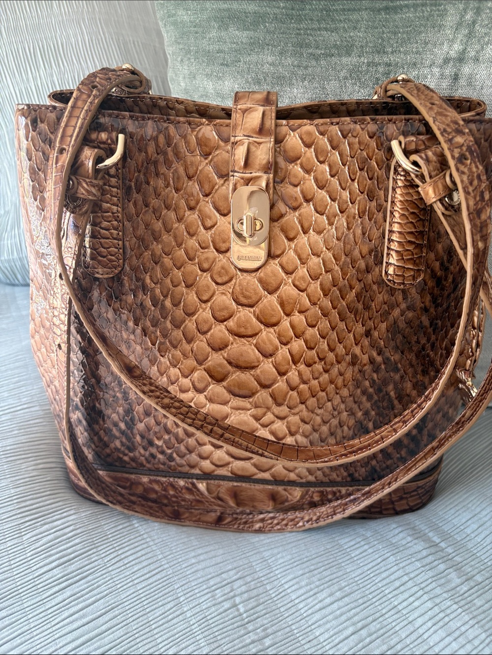 Brahmin Brown Croc-Embossed Shoulder Bag with Gold Hardware